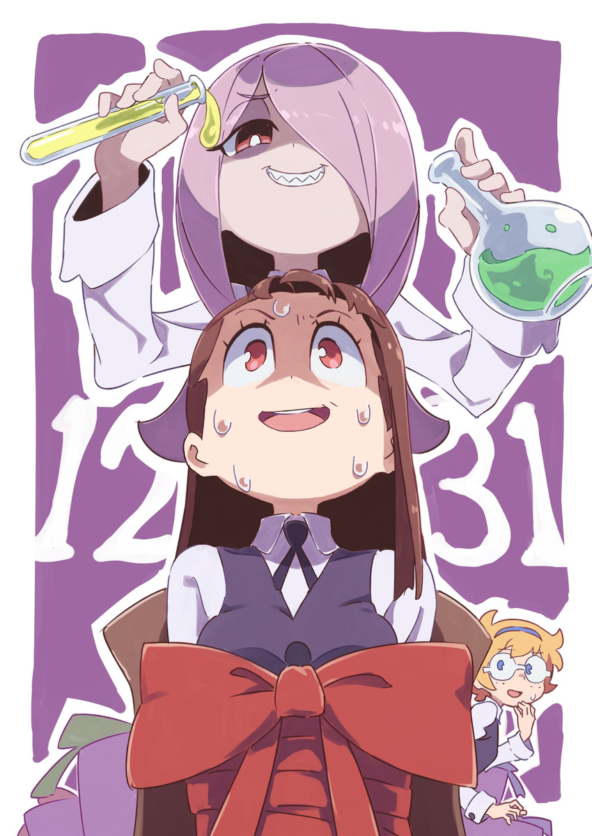 bound bright_pupils brown_hair collared_shirt commentary_request eyebrows_visible_through_hair freckles glasses grey_shirt grin hair_over_one_eye hairband hand_to_own_mouth highres kagari_atsuko little_witch_academia long_hair long_sleeves lotte_jansson multiple_girls neck_ribbon nervous_smile pac-man_eyes purple_hair purple_neckwear purple_ribbon purple_vest red_eyes restrained ribbon round_teeth sharp_teeth shirt sitting smile sucy_manbavaran sweat sweatdrop sweating_profusely tama_(tama-s) teeth tied_up vest vial wing_collar worried