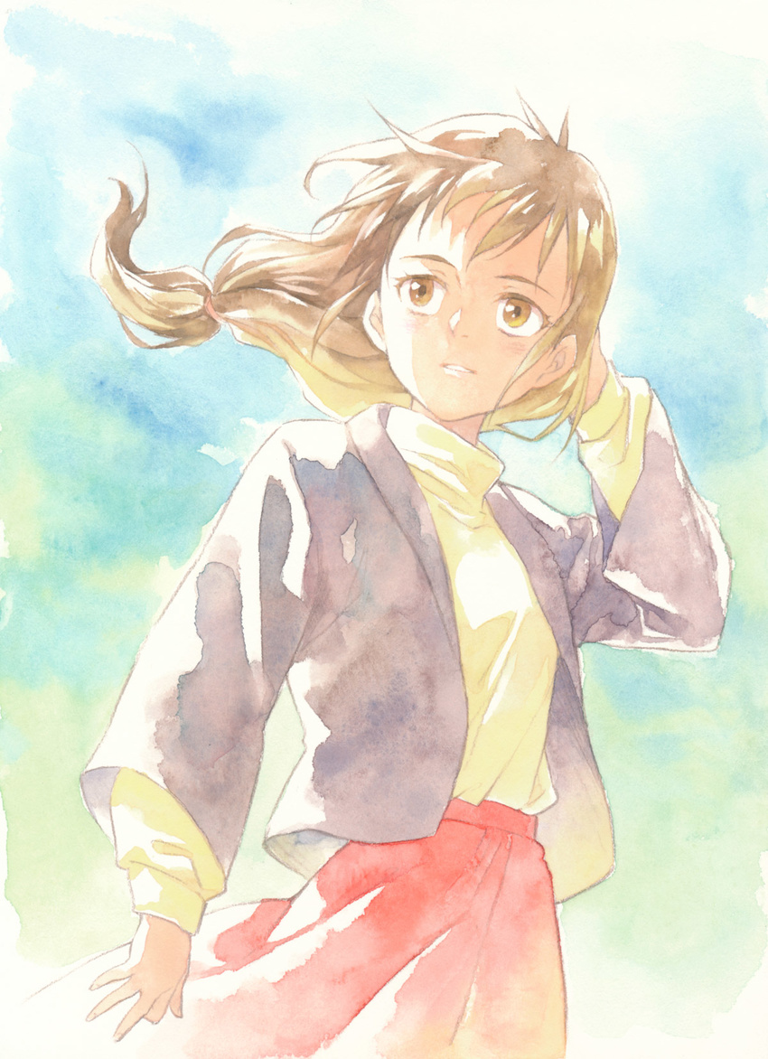 agahari blue_sky brown_eyes brown_hair calligraphy_brush_(medium) colored_pencil_(medium) cowboy_shot floating_hair gundam hand_up highres jacket long_hair long_sleeves looking_afar open_clothes open_jacket outdoors parted_lips ponytail purple_sweater red_skirt shakti_kareen shirt skirt sky smile solo standing sweater traditional_media victory_gundam yellow_shirt