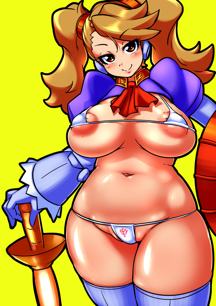 10s 1girl areolae bikini blush breasts brown_eyes brown_hair cameltoe curvy fat_mons gundam gundam_build_fighters gundam_build_fighters_try hair_ornament highres hyper_gyanko inverted_nipples large_breasts long_hair looking_at_viewer matching_hair/eyes micro_bikini navel nipples puffy_nipples ryoi sazaki_kaoruko shield smile solo standing sword thighhighs tied_hair twintails weapon wide_hips