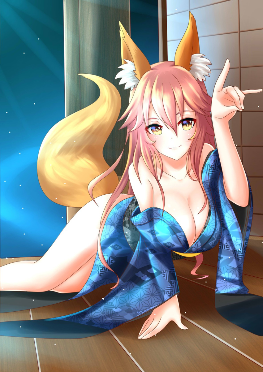:3 alternate_costume animal_ears bare_shoulders blush breasts cleavage collarbone fate/extra fate/grand_order fate_(series) fox_ears fox_shadow_puppet fox_tail highres japanese_clothes large_breasts long_hair looking_at_viewer lying off_shoulder pink_hair rua_(abcd29211) solo tail tamamo_(fate)_(all) tamamo_no_mae_(fate) yellow_eyes