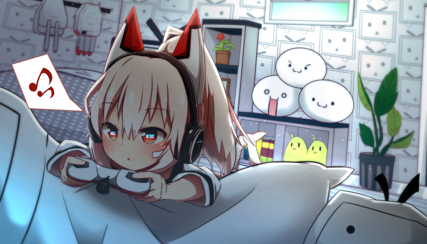:3 :o animal_ears ayanami_(azur_lane) azur_lane bangs barefoot blush cannon closed_mouth commentary_request controller eighth_note eye_reflection eyebrows_visible_through_hair flower game_controller hair_between_eyes headphones high_ponytail highres holding idaten93 indoors light_brown_hair long_hair looking_away lying musical_note niconico on_stomach parted_lips pillow plant playing_games ponytail potted_plant red_eyes red_flower reflection shirt shoboon solo spoken_musical_note terebi-chan turret v-shaped_eyebrows white_shirt