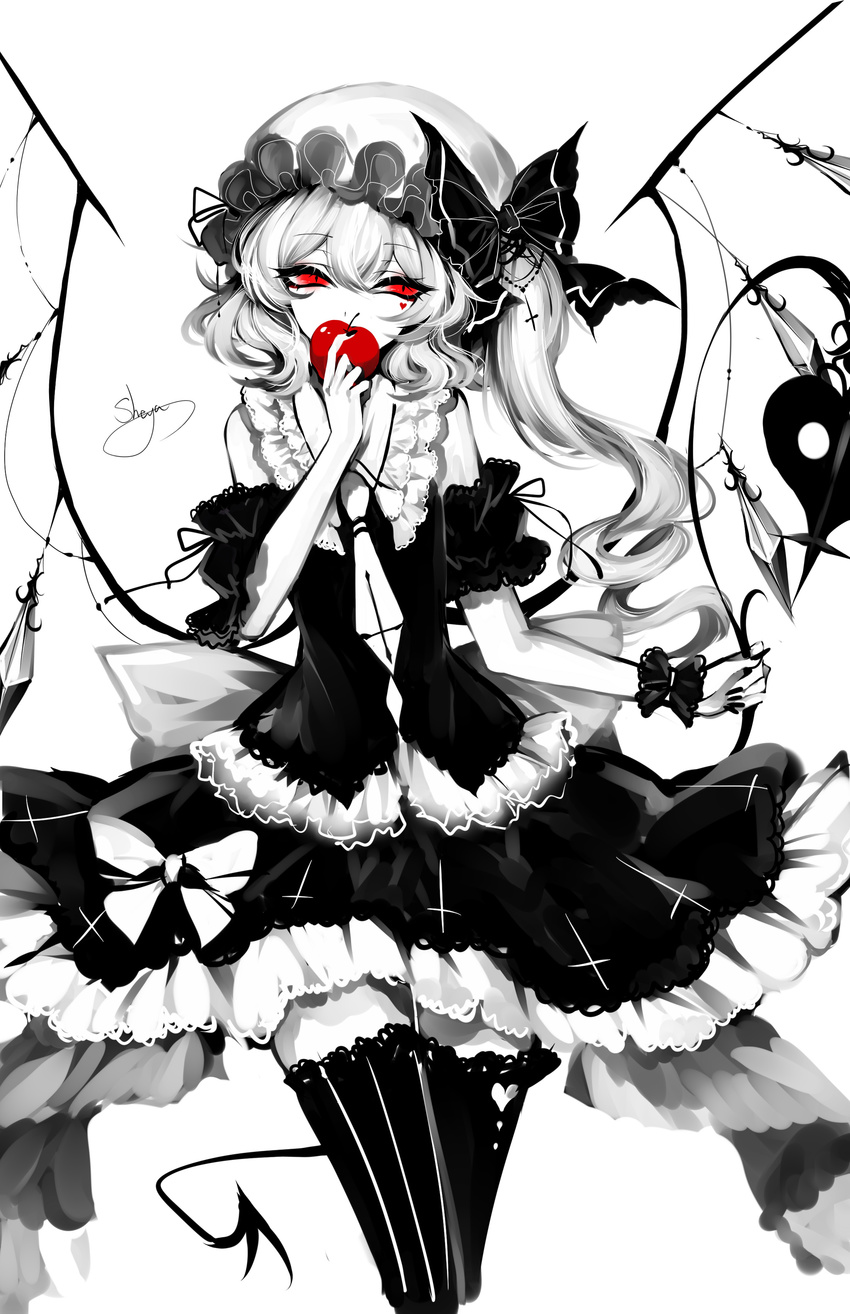 absurdres alternate_costume apple artist_name bare_shoulders black_legwear black_nails bow commentary cowboy_shot dress eyebrows_visible_through_hair flandre_scarlet food frills fruit hair_between_eyes hat hat_bow heart highres holding holding_food holding_fruit laevatein limited_palette mob_cap monochrome nail_polish necktie petticoat red_eyes sheya short_hair side_ponytail signature simple_background solo spot_color thighhighs touhou white_background wings wrist_cuffs zettai_ryouiki