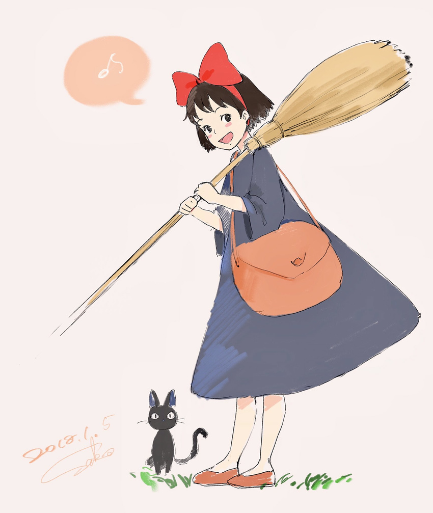 :d bag black_cat blue_dress blush_stickers bow broom brown_hair cat commentary_request dated dress eighth_note from_side hair_bow hairband highres holding jiji_(majo_no_takkyuubin) kiki long_sleeves looking_at_viewer looking_to_the_side majo_no_takkyuubin musical_note open_mouth over_shoulder red_bow red_footwear sako_(user_ndpz5754) shoes short_hair shoulder_bag signature smile speech_bubble spoken_musical_note standing