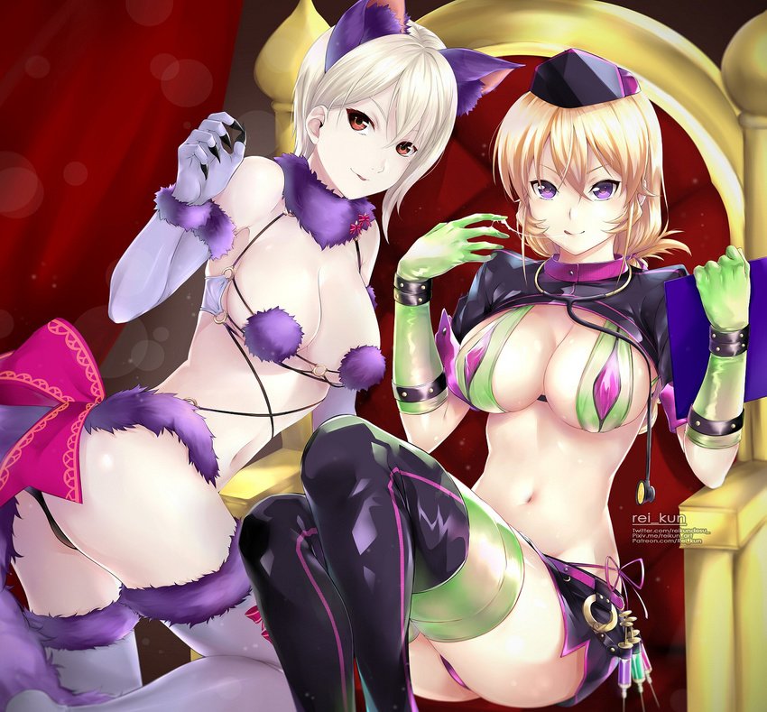 :q alternate_costume animal_ears ass bikini blonde_hair blush boots breasts claws cleavage commentary cosplay cousins covered_nipples dangerous_beast fate/grand_order fate_(series) florence_nightingale_(fate/grand_order) florence_nightingale_(fate/grand_order)_(cosplay) fur-trimmed_gloves fur-trimmed_legwear fur_collar fur_trim gloves green_gloves green_legwear hair_between_eyes halloween_costume hat highres kneeling large_breasts long_hair looking_at_viewer looking_back mash_kyrielight mash_kyrielight_(cosplay) multiple_girls nakiri_alice nakiri_erina navel nurse_cap o-ring o-ring_top purple_eyes purple_gloves purple_legwear rei_kun revealing_clothes rubber_gloves saliva saliva_trail shokugeki_no_souma shrug_(clothing) sitting smile stethoscope stomach strap_gap swimsuit syringe tail thigh_boots thighhighs throne tongue tongue_out trick_or_treatment watermark web_address wolf_ears wolf_tail