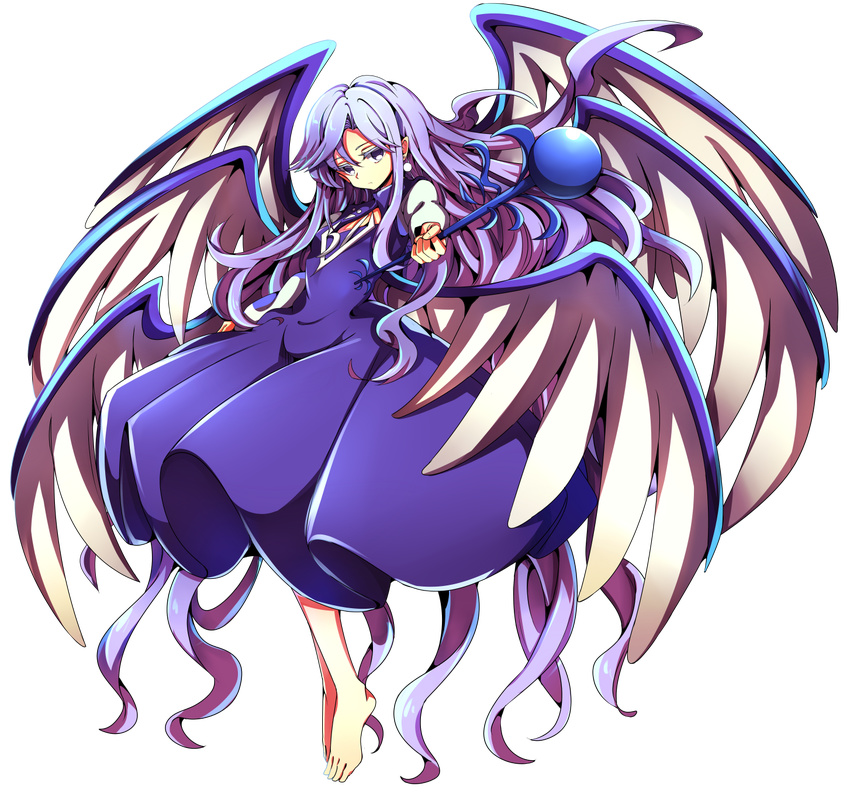 absurdly_long_hair angel_wings baba_(baba_seimaijo) barefoot blue_hair commentary_request dress earrings full_body highres jewelry long_hair long_sleeves multiple_wings sariel solo staff touhou touhou_(pc-98) transparent_background very_long_hair wings