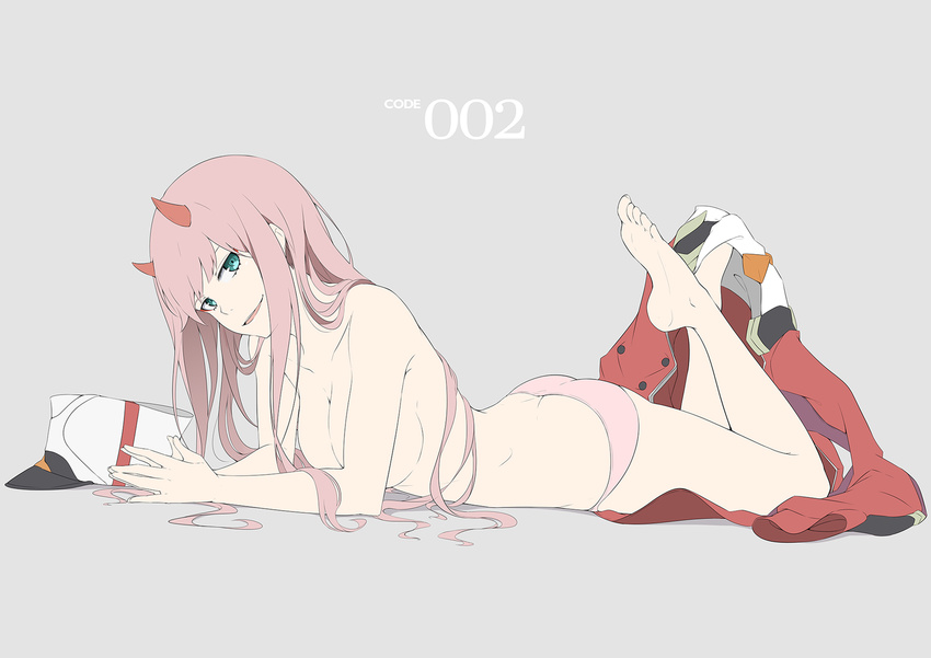 aqua_eyes ass barefoot breasts character_name cleavage collarbone commentary convenient_arm darling_in_the_franxx eyeshadow feet full_body grey_background hands_together hat hat_removed headwear_removed highres horns jacket jacket_removed knees_up large_breasts long_hair looking_at_viewer lying makeup masabodo on_stomach open_mouth panties pink_hair pink_panties ringed_eyes simple_background smile soles solo the_pose toes topless underwear underwear_only zero_two_(darling_in_the_franxx)