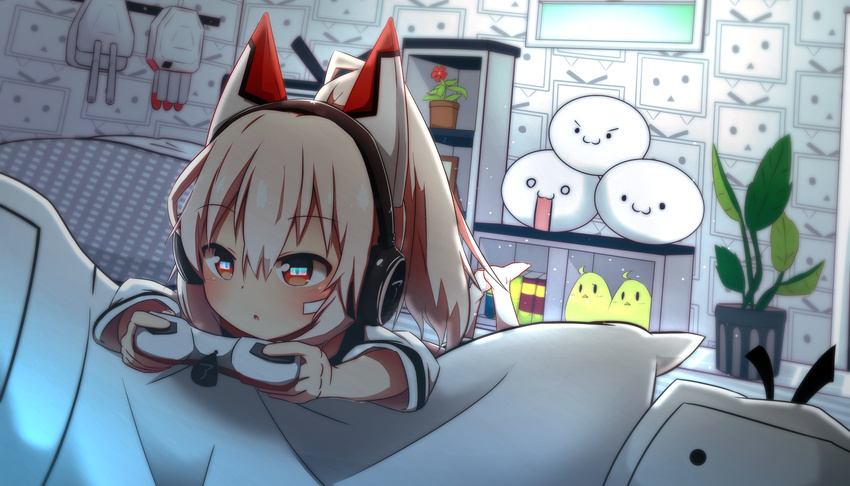 :3 :o animal_ears ayanami_(azur_lane) azur_lane bangs barefoot blush cannon closed_mouth controller eye_reflection eyebrows_visible_through_hair flower game_controller hair_between_eyes headphones high_ponytail highres holding idaten93 indoors light_brown_hair long_hair looking_away lying niconico on_stomach parted_lips pillow plant playing_games ponytail potted_plant red_eyes red_flower reflection shirt shoboon solo terebi-chan turret v-shaped_eyebrows white_shirt