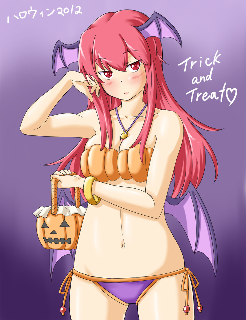 bare_shoulders basket bikini blush breasts cleavage collarbone commentary_request cowboy_shot eyebrows_visible_through_hair halloween hand_on_own_cheek heart highres jack-o'-lantern jewelry koakuma light_smile long_hair looking_at_viewer low_wings navel necklace panties purple_background rabinidaddo red_eyes red_hair side-tie_panties simple_background slit_pupils swimsuit touhou trick_or_treat underwear wings