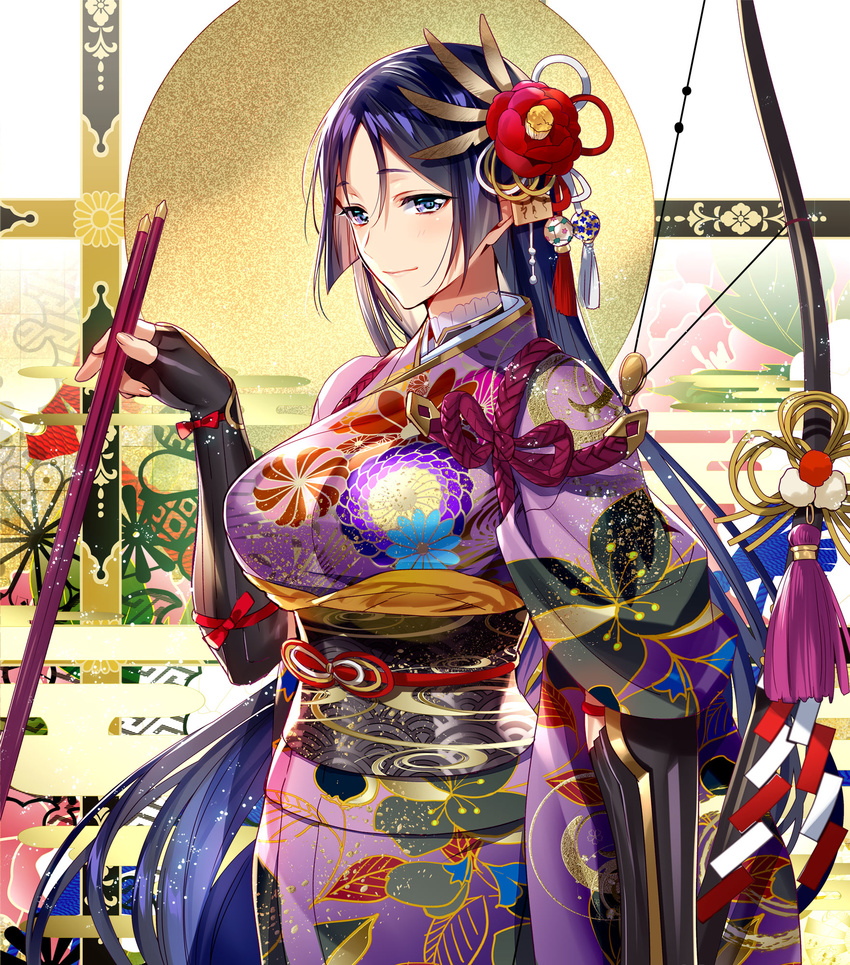 alternate_costume bangs bow_(weapon) breasts fate/grand_order fate_(series) fingerless_gloves gloves hair_ornament highres japanese_clothes kimono large_breasts long_hair minamoto_no_raikou_(fate/grand_order) murakami_yuichi obi parted_bangs purple_eyes purple_hair purple_kimono sash solo upper_body very_long_hair weapon