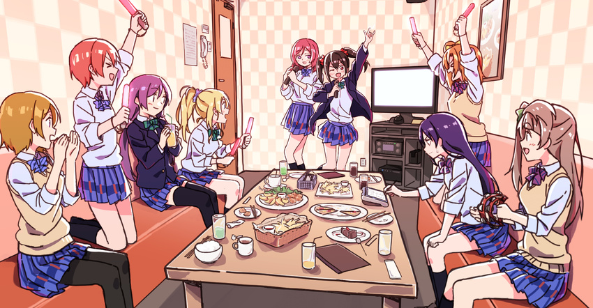 &gt;_&lt; :d ;d arms_up ayase_eli black_hair black_legwear blonde_hair blue_hair bow bowl box brown_hair cake checkered checkered_wall cheering chopsticks couch cup door drinking_glass food glowstick hair_bow highres holding holding_cup hoshizora_rin indoors instrument karaoke kneehighs kneeling koizumi_hanayo kousaka_honoka long_hair looking_at_another love_live! love_live!_school_idol_project megumegu_hosi_117 minami_kotori multiple_girls music nishikino_maki one_eye_closed one_side_up open_mouth orange_hair otonokizaka_school_uniform pizza plate pleated_skirt ponytail purple_hair red_hair rice rice_bowl school_uniform short_hair singing sitting skirt smile sonoda_umi sweatdrop sweater_vest table tambourine television thighhighs toujou_nozomi twintails yazawa_nico