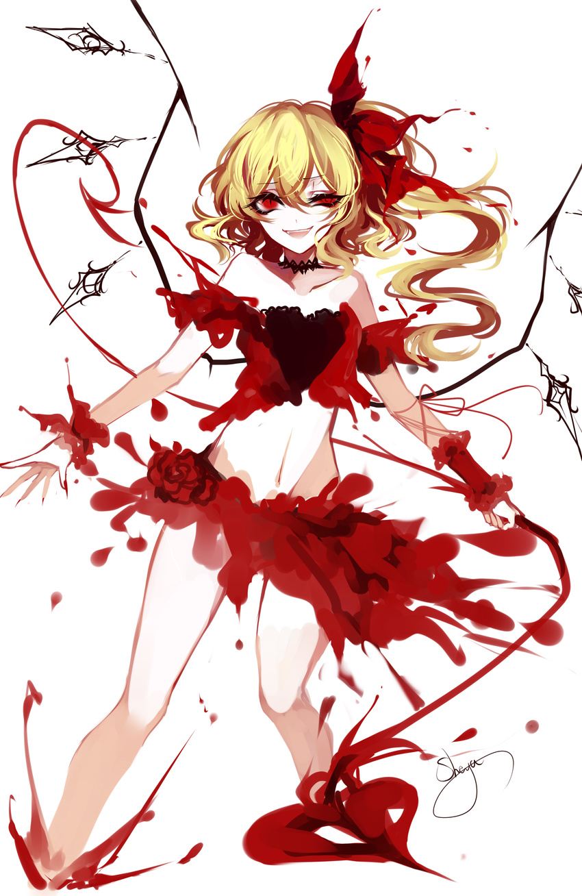 absurdres artist_name bare_shoulders blonde_hair blood bow choker collarbone cowboy_shot crop_top flandre_scarlet hair_between_eyes hair_bow highres laevatein midriff no_hat no_headwear off-shoulder_shirt open_mouth red_bow red_eyes sheya shirt short_hair side_ponytail signature simple_background smile solo touhou white_background wings wrist_cuffs