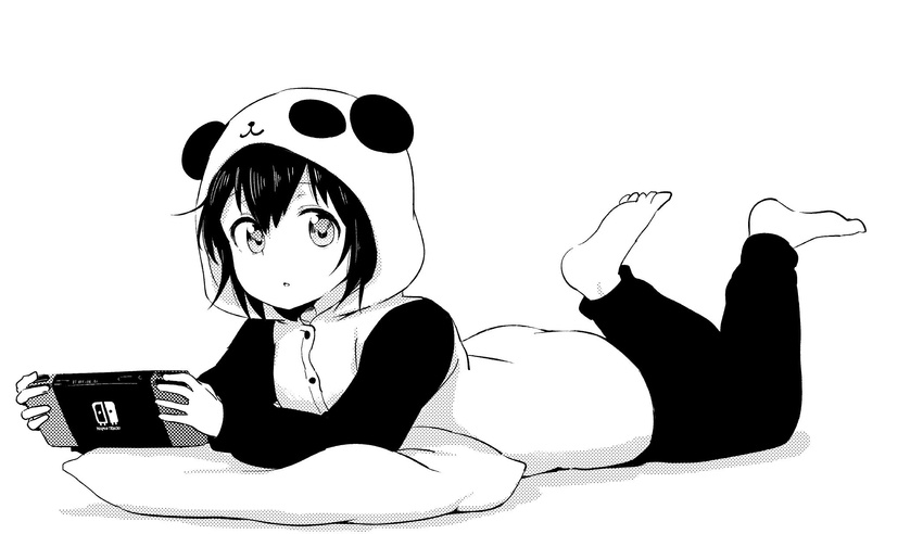 9so_(ponchon) animal_costume barefoot buttons funami_yui greyscale highres lying monochrome nintendo nintendo_switch on_stomach open_mouth pajamas panda_costume parted_lips solo toes yuru_yuri