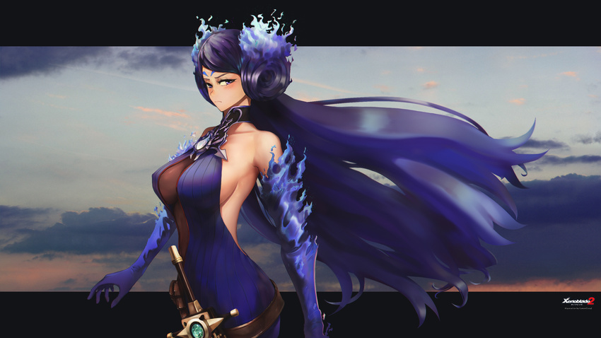 backless_outfit bare_shoulders blue_eyes blue_fire blush breasts collarbone covered_nipples fire hat highres kagutsuchi_(xenoblade) large_breasts long_hair murasaki_saki open_eyes purple_hair sideboob solo xenoblade_(series) xenoblade_2