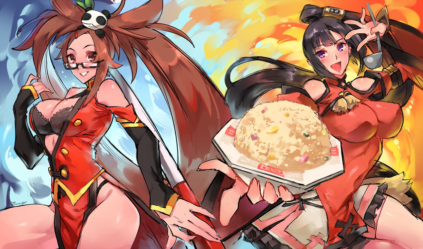 arc_system_works bare_shoulders bespectacled black-framed_eyewear black_hair blazblue blush bowl breasts brown_eyes brown_hair cleavage commentary commission company_connection cosplay costume_switch detached_sleeves dress food fried_rice glasses guilty_gear hair_ornament highleg highres impossible_clothes impossible_dress kenshin187 kuradoberi_jam kuradoberi_jam_(cosplay) ladle large_breasts litchi_faye_ling litchi_faye_ling_(cosplay) miniskirt multiple_girls panda_hair_ornament purple_eyes red_dress semi-rimless_eyewear side_slit skirt under-rim_eyewear