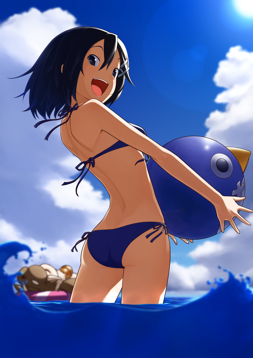 asagiri_asagi ass ball beachball bikini black_eyes black_hair blue_bikini blush cloud day disgaea hair_ornament hairclip highres holding holding_ball lens_flare nippon_ichi ocean short_hair side-tie_bikini sky smile swimsuit yoshikosu