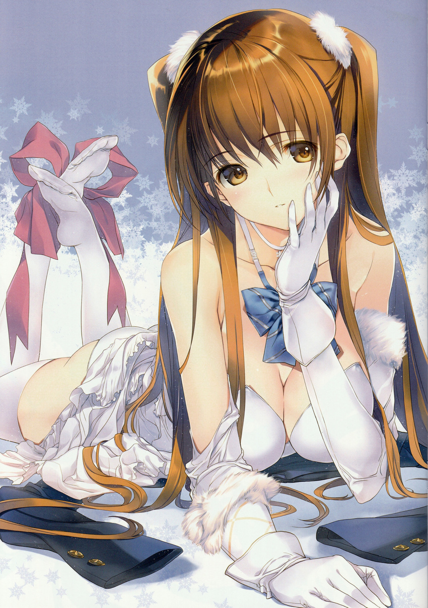 absurdres alternate_breast_size ass bangs bare_shoulders bow bowtie breasts brown_eyes brown_hair buttons cleavage collarbone dress elbow_gloves eyebrows_visible_through_hair fur_trim gloves gradient gradient_background hair_ornament highres long_hair lying medium_breasts nakamura_takeshi official_art ogiso_setsuna on_stomach panties parted_lips scan simple_background snowflake_background snowflakes solo underwear white_album_2 white_dress white_gloves white_legwear white_panties