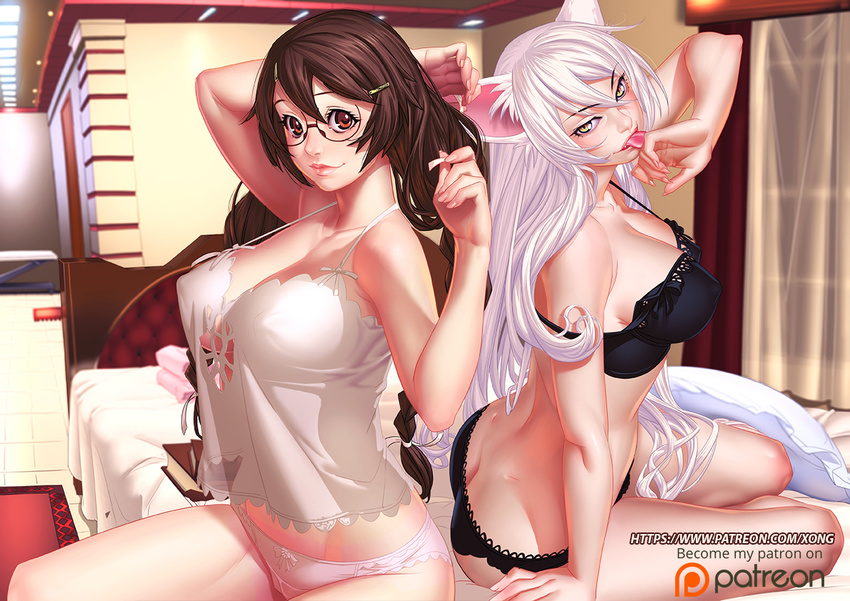 animal_ears arm_support back-to-back bed black_bra black_hanekawa black_panties bra breasts brown_hair butt_crack cameltoe cat_ears cleavage covered_nipples dual_persona glasses hair_ornament hairclip hanekawa_tsubasa large_breasts licking long_hair looking_at_viewer monogatari_(series) multiple_girls naughty_face off_shoulder panties sitting slit_pupils smile underwear very_long_hair white_hair white_panties xong yellow_eyes