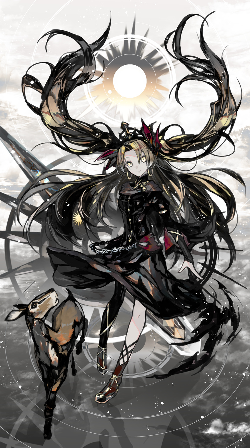 absurdres animal asymmetrical_legwear bangs black_dress black_legwear blonde_hair breasts chain closed_mouth deer dress earrings ereshkigal_(fate/grand_order) eyebrows eyebrows_visible_through_hair fate/grand_order fate_(series) full_body hair_between_eyes hair_intakes hair_ribbon highres hoop_earrings jewelry kusakanmuri light_particles long_hair long_sleeves looking_away looking_to_the_side medium_breasts pale_skin red_ribbon ribbon shoes skull smile solo spikes standing tiara two_side_up very_long_hair wind wind_lift yellow_eyes yellow_footwear