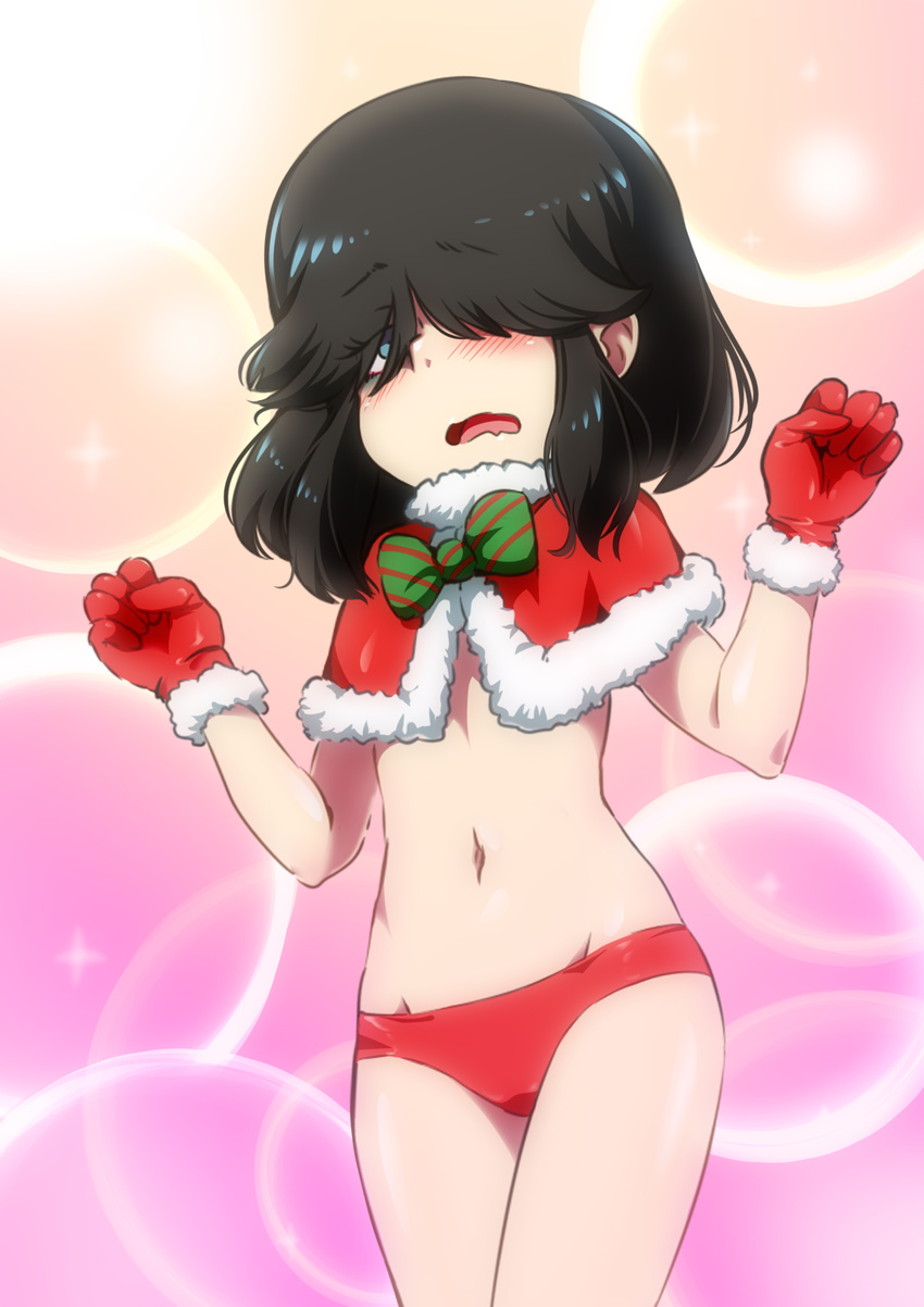 absurdres bags_under_eyes black_hair blue_eyes blush bow bowtie capelet commentary flat_chest frown fur-trimmed_capelet fur-trimmed_gloves fur_trim gloves gradient gradient_background groin hair_over_eyes highres jcm2 lucy_loud navel open_mouth panties pink_background red_capelet red_gloves red_panties revealing_clothes solo spanish_commentary stomach striped striped_neckwear the_loud_house underwear