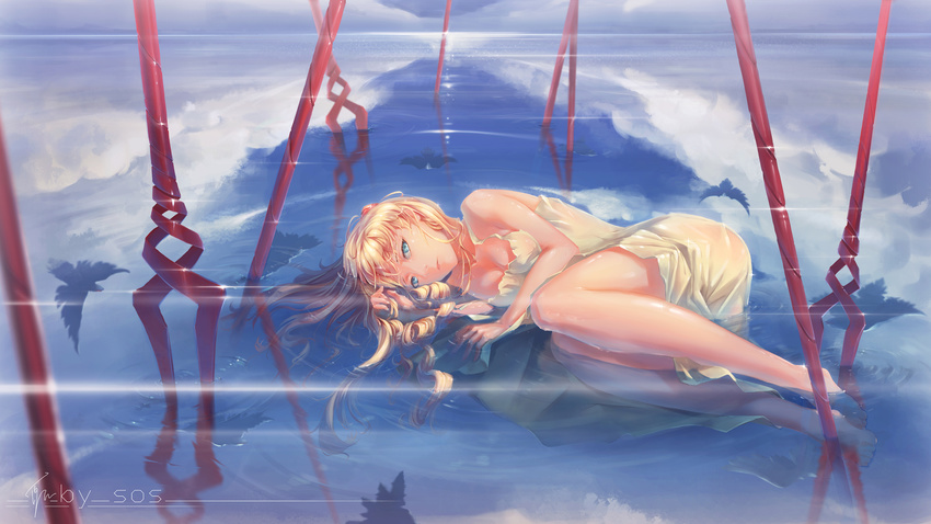 absurdres artist_name bangs barefoot bident blonde_hair blue_eyes breasts cleavage cloud diffraction_spikes dress hair_spread_out hairpods hand_in_hair highres horizon knees_to_chest lance_of_longinus light_frown long_hair looking_at_viewer lying medium_breasts neon_genesis_evangelion on_side orange_hair partially_submerged planted_weapon reflection ripples see-through signature sleeveless sleeveless_dress solo sos_(406491521) souryuu_asuka_langley spaghetti_strap translucent_dress water weapon wet wet_hair