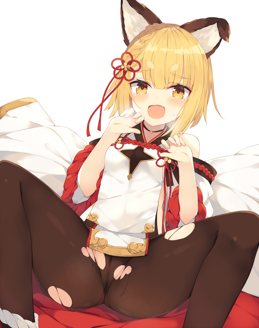 animal_ears bangs bare_shoulders blonde_hair blush breasts brown_legwear cameltoe choker commentary_request eyebrows_visible_through_hair fang feet_out_of_frame granblue_fantasy hands_up highres nibiiro_shizuka open_mouth orange_eyes pantyhose short_eyebrows short_hair simple_background sitting small_breasts solo spread_legs sweatdrop thick_eyebrows torn_clothes torn_legwear vajra_(granblue_fantasy) white_background