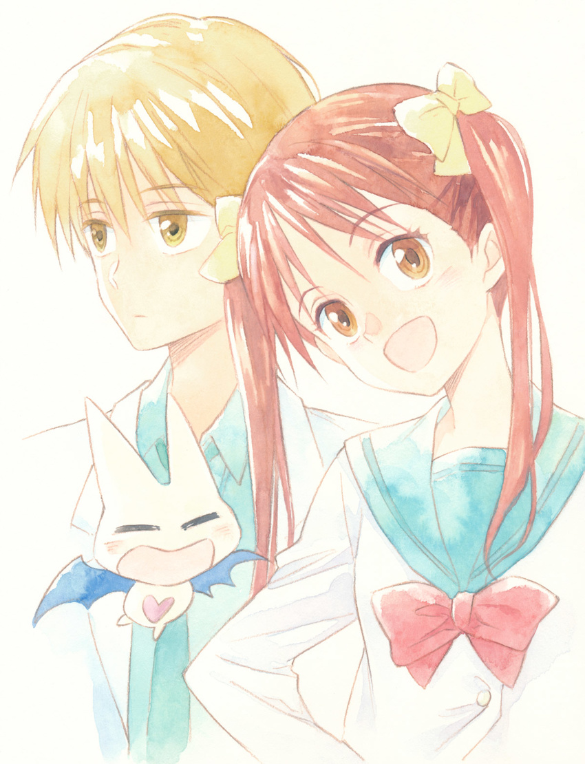 1girl :d agahari babbit blonde_hair blue_neckwear blue_sailor_collar blue_shirt blush bow bowtie brown_eyes calligraphy_brush_(medium) closed_mouth collared_shirt colored_pencil_(medium) creature eyebrows_visible_through_hair hair_bow hayama_akito head_tilt highres kodomo_no_omocha kurata_sana long_hair long_sleeves looking_at_viewer necktie open_mouth red_hair red_neckwear sailor_collar school_uniform serafuku shirt simple_background smile traditional_media twintails white_background wing_collar yellow_bow yellow_eyes