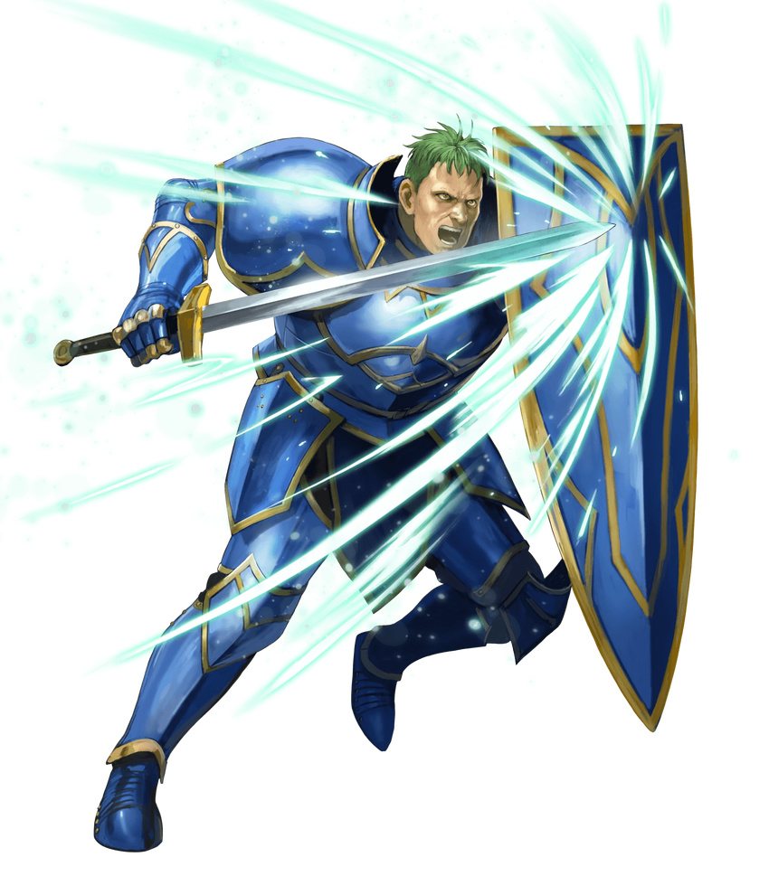 arden_(fire_emblem) armor armored_boots attack belt blue_armor boots brown_eyes cleft_chin energy fire_emblem fire_emblem:_seisen_no_keifu fire_emblem_heroes gauntlets greaves green_hair highres holding holding_shield holding_sword holding_weapon ippei_soeda male_focus nose official_art open_mouth realistic serious shield shoulder_armor solo sword teeth weapon