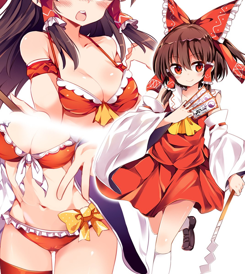 ascot bare_shoulders between_fingers bikini blush bow breasts brown_hair cleavage collarbone commentary_request detached_sleeves frills gohei hair_bow hair_tubes hakurei_reimu highres kneehighs long_sleeves looking_at_viewer maturiuta_sorato medium_breasts midriff multiple_views ofuda open_mouth red_bikini red_bow red_eyes red_shirt red_skirt shirt shoes simple_background skirt smile swimsuit touhou white_background white_legwear wide_sleeves yellow_bow yellow_neckwear