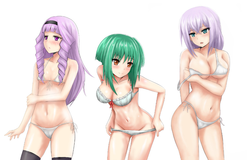 3girls anjou_tokoha artist_request big_breasts blush bra bra_strap breasts brown_eyes cardfight!!_vanguard cardfight!!_vanguard_g drill_hair green_eyes green_hair hairband hashima_rin highleg highleg_bikini highleg_panties large_breasts lingerie micro_bikini midriff multiple_girls panties purple_eyes purple_hair small_breasts string_bikini string_panties tagme thigh_gap thighhighs thighs tokura_misaki underwear undressing white_hair