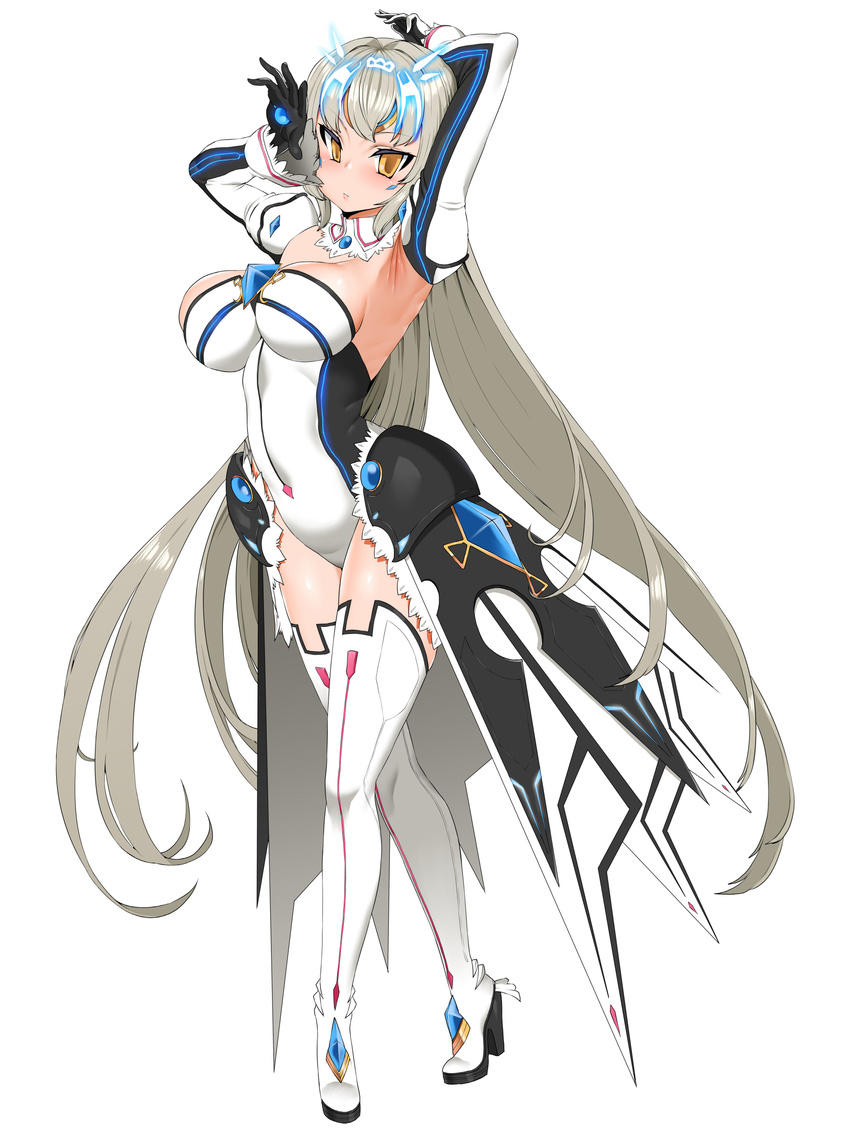 absurdres armpits black_gloves boots breasts code:_battle_seraph_(elsword) elsword eve_(elsword) full_body gloves grey_hair high_heels highres large_breasts long_hair looking_at_viewer silver_hair smh1069 solo standing thigh_boots thighhighs very_long_hair white_background white_legwear yellow_eyes