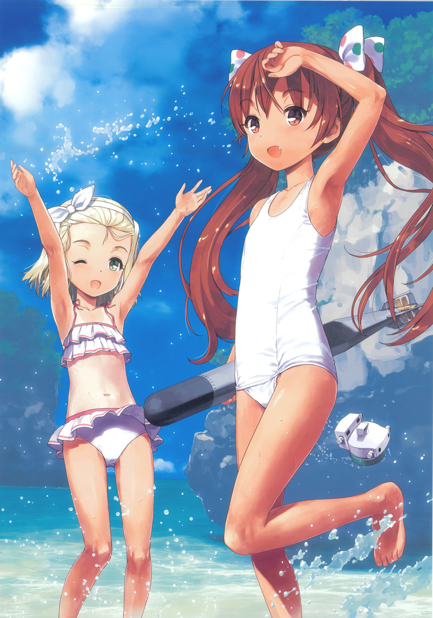 :d ;d absurdres armpits beach blonde_hair brown_eyes brown_hair cosplay costume_switch cropped day fang green_eyes hair_ribbon hairband highres i-504_(kantai_collection) i-504_(kantai_collection)_(cosplay) jiji kantai_collection libeccio_(kantai_collection) libeccio_(kantai_collection)_(cosplay) luigi_torelli_(kantai_collection) multiple_girls official_art one-piece_swimsuit one_eye_closed open_mouth ribbon scan school_swimsuit short_hair smile swimsuit torpedo twintails white_school_swimsuit white_swimsuit