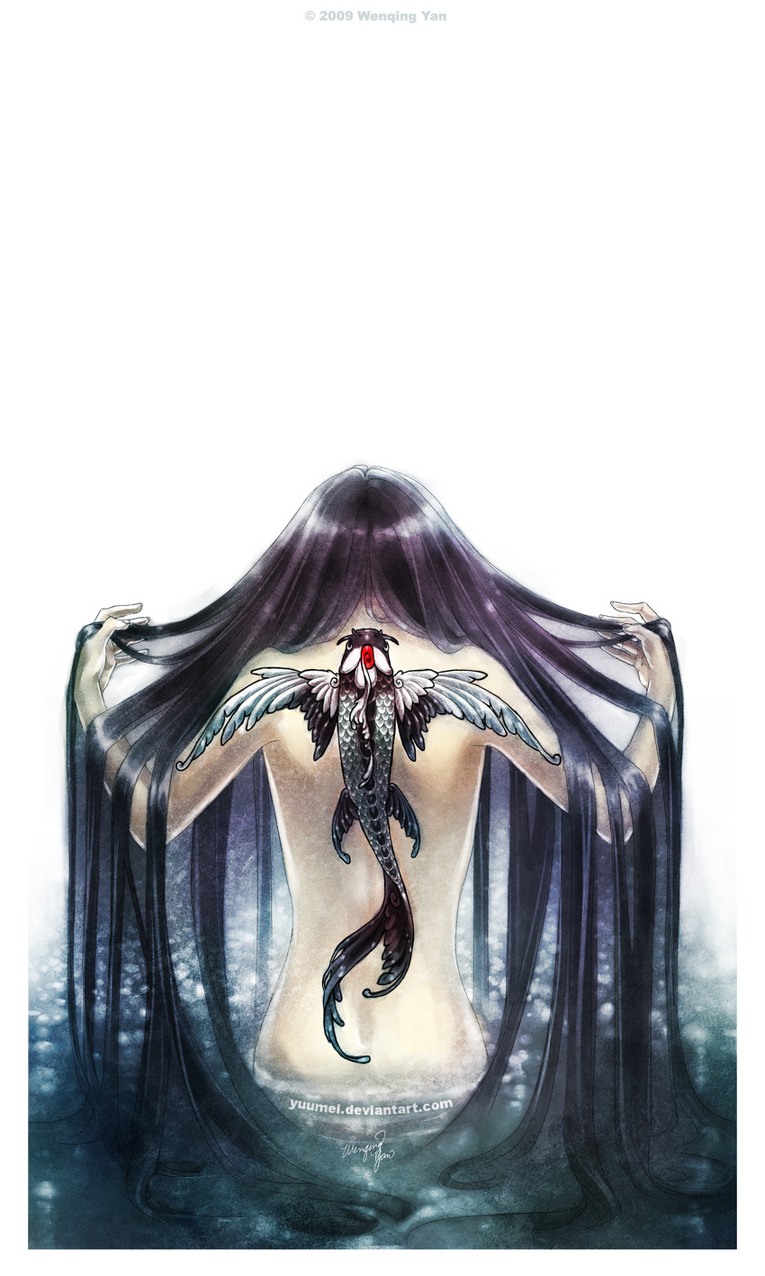 absurdres artist_name black_hair commentary dated deviantart_username from_behind hands_up highres long_hair original partially_submerged signature simple_background solo standing tattoo very_long_hair water watermark wenqing_yan white_background