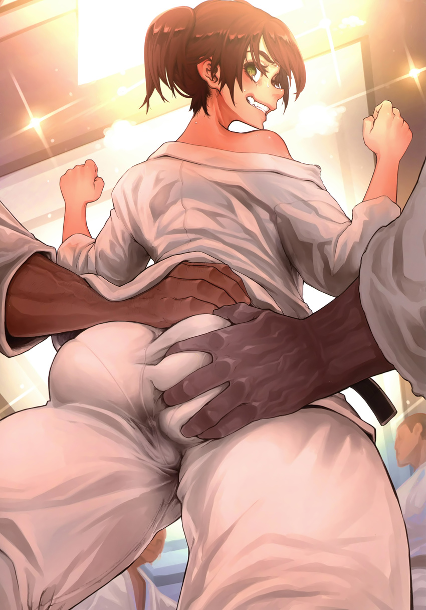 4boys absurdres ass ass_grab blush brown_hair clenched_teeth deep_skin diffraction_spikes dougi from_behind from_below grabbing grabbing_another's_ass grabbing_from_behind green_eyes groping hetero highres karate_gi long_hair looking_back multiple_boys off_shoulder original pantylines ponytail scan shindou_l shiny shiny_hair shiny_skin solo_focus standing teeth tomboy uniform