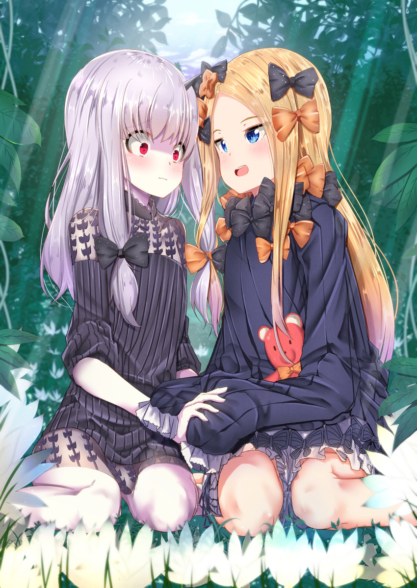 :d abigail_williams_(fate/grand_order) bangs black_bow black_dress blonde_hair bloomers blue_eyes blue_sky blurry blurry_background blush bow bug butterfly closed_mouth cloud commentary_request day depth_of_field dress eye_contact fate/grand_order fate_(series) forehead hair_bow highres holding_hands horn insect lavinia_whateley_(fate/grand_order) long_sleeves looking_at_another looking_at_viewer mad_(hazukiken) multiple_girls nature no_hat no_headwear object_hug open_mouth orange_bow outdoors pale_skin parted_bangs polka_dot polka_dot_bow red_eyes seiza silver_hair sitting sky sleeves_past_wrists smile stuffed_animal stuffed_toy sunlight teddy_bear underwear upper_teeth wariza wavy_mouth white_bloomers