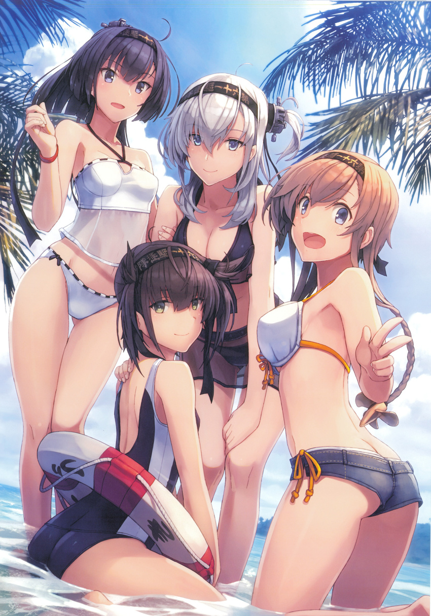 :d absurdres akizuki_(kantai_collection) ass bikini black_bikini black_hair blue_sky braid breasts bright_pupils brown_hair butt_crack cleavage closed_mouth cloud cloudy_sky cropped day from_side hair_between_eyes halterneck hand_on_another's_shoulder hatsuzuki_(kantai_collection) headband highres innertube kantai_collection leaning_forward long_hair medium_breasts multiple_girls official_art one-piece_swimsuit one_side_up open_mouth outdoors palm_tree ponytail scan shizuma_yoshinori short_shorts shorts silver_hair sky small_breasts smile suzutsuki_(kantai_collection) swimsuit teruzuki_(kantai_collection) tree w white_bikini wristband