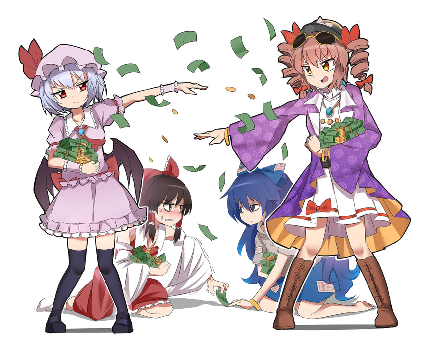 :&lt; anger_vein ascot bangle bat_wings black_footwear black_hair black_hat black_legwear blue_eyes blue_hair blue_skirt boots bow bracelet brooch brown_footwear brown_hair caibao coin commentary detached_sleeves dress drill_hair expressionless eyewear_on_head hair_bow hair_tubes hakurei_reimu hat hat_bow hat_ribbon highres holding jacket jewelry kneeling long_sleeves looking_at_viewer miniskirt mob_cap money multiple_girls necklace outstretched_arm parody pink_skirt purple_jacket red_bow red_eyes red_neckwear red_skirt remilia_scarlet ribbon shoes short_dress simple_background skirt skirt_set socks sunglasses thighhighs throwing throwing_money touhou twin_drills white_background white_dress white_legwear wide_sleeves wings wrist_cuffs yorigami_jo'on yorigami_shion zettai_ryouiki