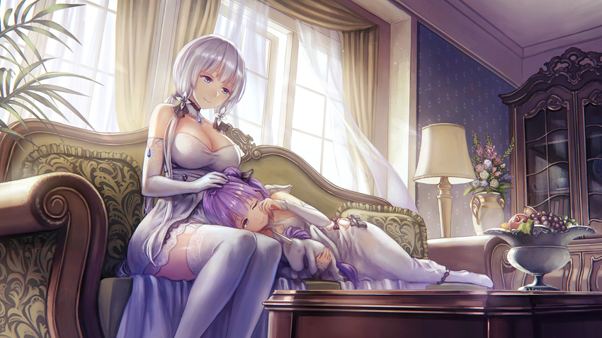 anbe_yoshirou azur_lane blue_eyes breasts cleavage couch cupboard curtains dress elbow_gloves gloves highres illustrious_(azur_lane) lampshade lap_pillow large_breasts lying md5_mismatch multiple_girls on_side stuffed_alicorn stuffed_animal stuffed_toy thighhighs unicorn_(azur_lane) white_hair white_legwear window
