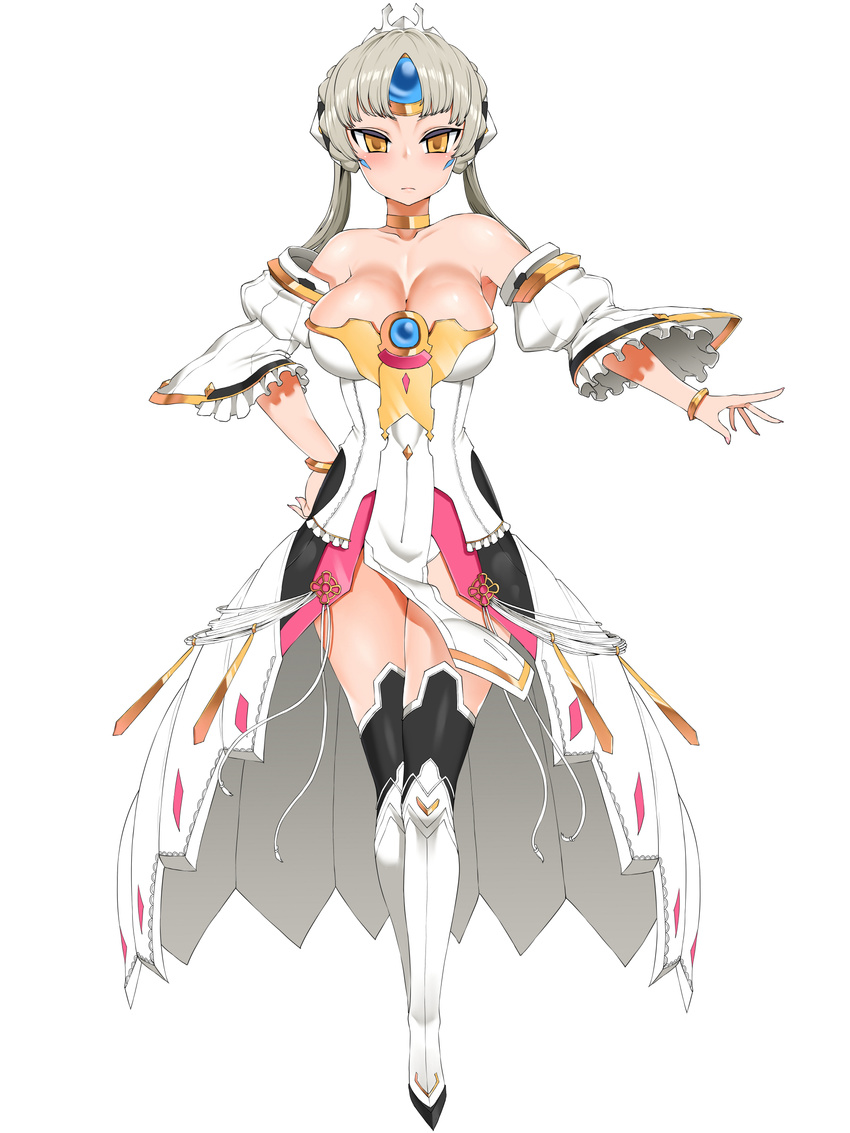 absurdres bare_shoulders black_legwear blush boots bracelet breasts cleavage code:_empress_(elsword) elsword eve_(elsword) grey_hair hand_on_hip highres jewelry large_breasts long_hair looking_at_viewer smh1069 solo thigh_boots thighhighs twintails white_sleeves yellow_eyes