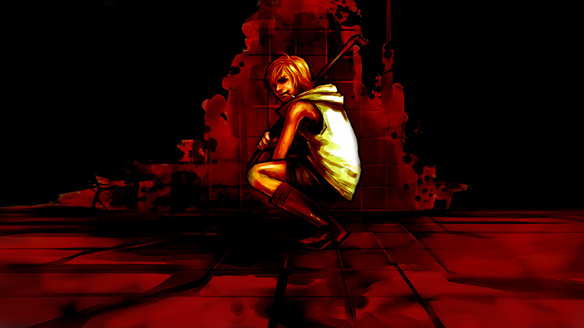 artist_request blonde_hair blood breasts cigarette heather_mason highres lead_pipe miniskirt mouth_hold short_hair silent_hill silent_hill_3 skirt solo squatting vest