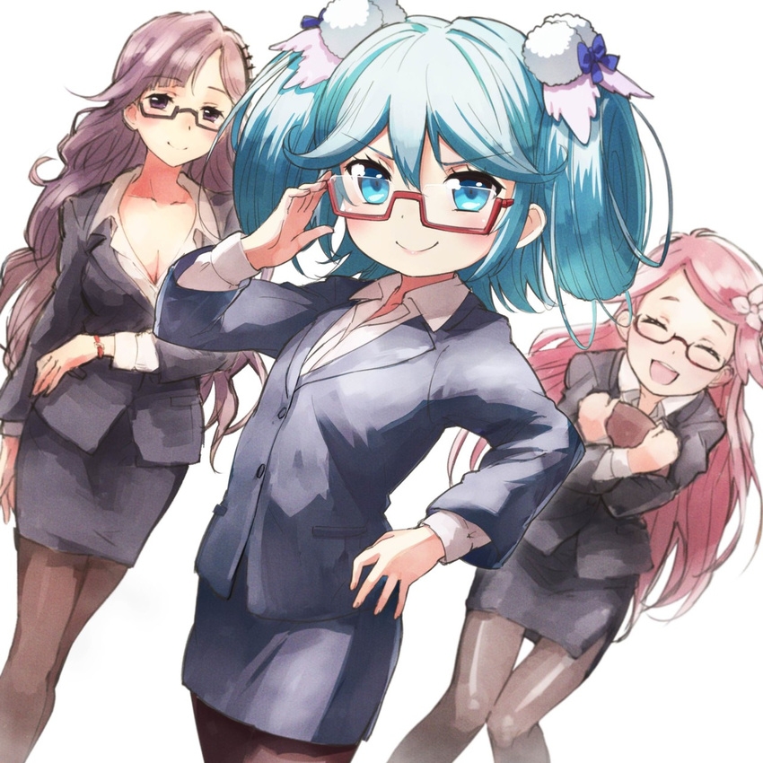 &gt;:) :d ^_^ adjusting_eyewear age_difference blue_eyes blue_hair breasts business_suit cleavage closed_eyes collarbone commentary_request dress_shirt fantasista_doll formal glasses hair_ornament hair_rings hand_on_hip highres katia_(fantasista_doll) madeleine_(fantasista_doll) medium_breasts multiple_girls nyama open_mouth pantyhose pencil_skirt pink_hair purple_eyes purple_hair red-framed_eyewear shimeji_(fantasista_doll) shirt skirt skirt_suit smile suit v-shaped_eyebrows