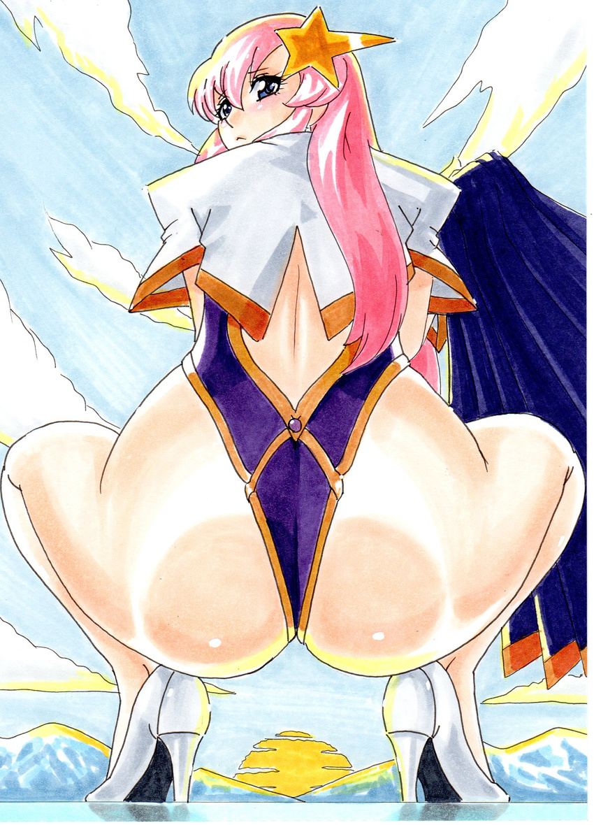 1girl ass back blue_eyes blush curvy embarrassed female from_behind gundam gundam_seed gundam_seed_destiny hair_ornament hayami_jin heels high_heels hips huge_ass leotard long_hair looking_at_viewer looking_back meer_campbell outdoors outside pink_hair pov_ass shiny shiny_hair shiny_skin skirt solo squat squatting thick_thighs thighs very_long_hair white_heels wide_hips