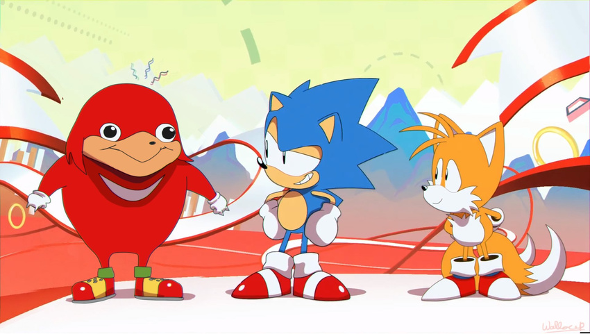 black_eyes gloves grin highres knuckles_the_echidna male_focus meme multiple_boys shoes smile sneakers sonic sonic_mania sonic_the_hedgehog tails_(sonic) ugandan_knuckles vrchat wallace_pires white_gloves