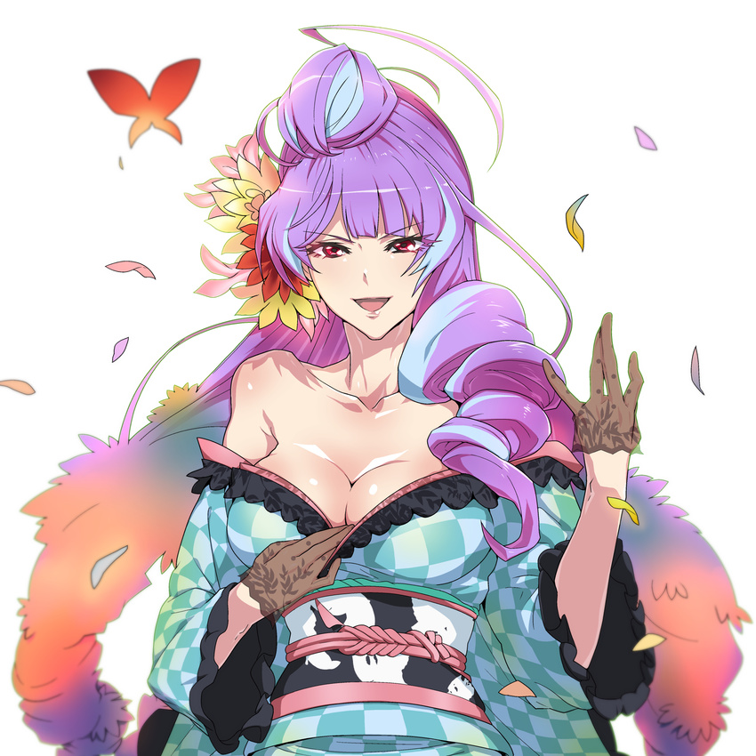 black_gloves blue_hair blue_kimono breasts checkered checkered_kimono cleavage collarbone commentary_request don_(rg06268) gloves highres japanese_clothes kimono large_breasts long_hair looking_at_viewer macross macross_delta mikumo_guynemer multicolored_hair off_shoulder open_mouth purple_hair red_eyes sash shiny shiny_hair shiny_skin simple_background solo two-tone_hair very_long_hair white_background