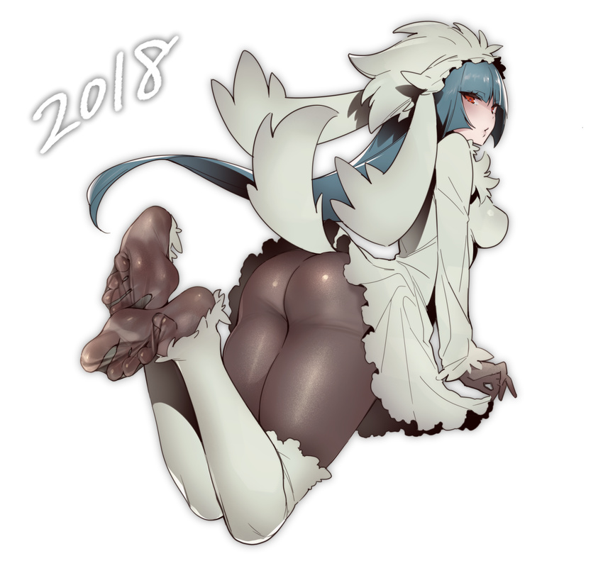 2018 ass black_legwear blue_hair breasts chinese_zodiac commentary_request cosplay costume dress feet fine_fabric_emphasis furfrou furfrou_(cosplay) gen_6_pokemon grey_dress hat highres hizuki_akira long_hair long_sleeves looking_back medium_breasts natsume_(pokemon) new_year pantyhose pokemon pokemon_(game) pokemon_rgby pokemon_xy red_eyes simple_background skin_tight soles solo tail toes white_background year_of_the_dog