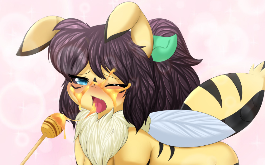 antennae anthro arthropod bee breasts digital_media_(artwork) female hair hi_res honey honey_bee hymenopteran insect looking_at_viewer non-mammal_breasts nude open_mouth papilrux simple_background solo suggestive tongue tongue_out wings