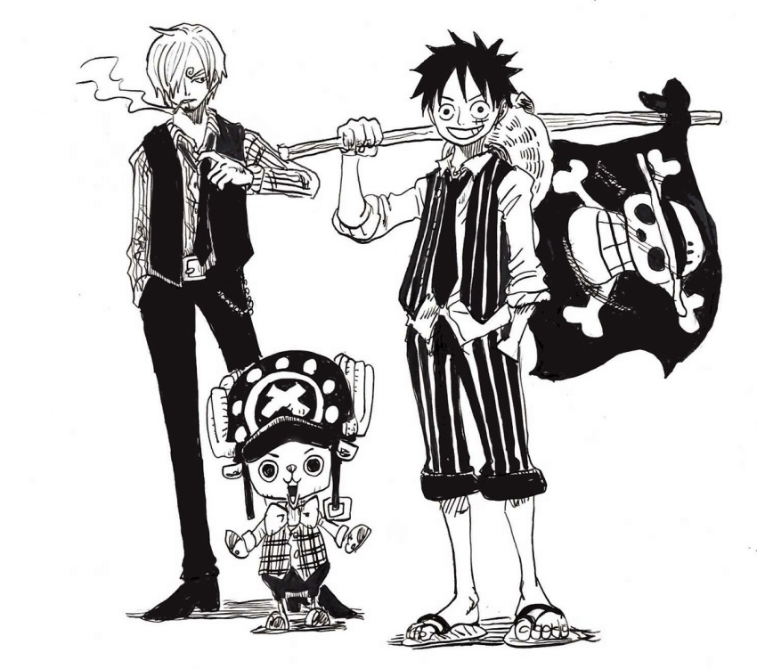 3boys age_difference flag monkey_d_luffy multiple_boys one_piece sanji smile tony_tony_chopper