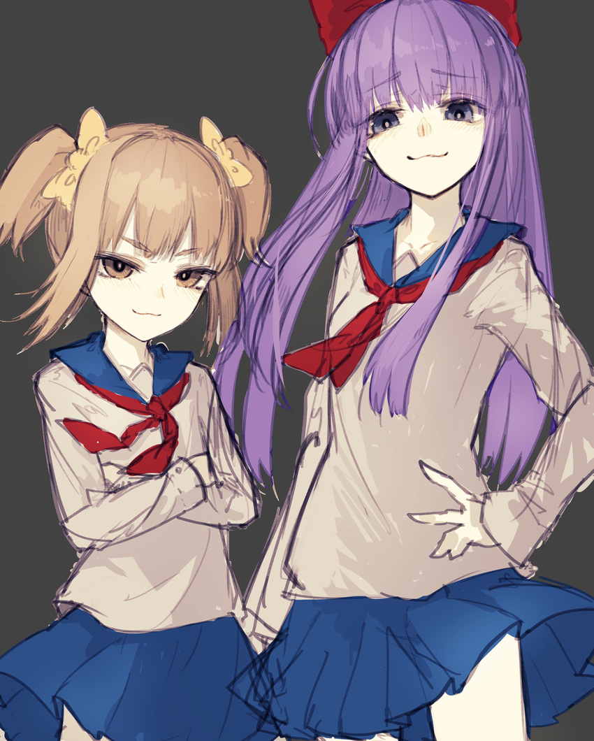 :3 absurdres blue_eyes brown_eyes brown_hair crossed_arms hair_ribbon hand_on_hip height_difference highres long_hair multiple_girls neck_ribbon pipimi poptepipic popuko purple_eyes purple_hair ribbon riuichi sailor_collar school_uniform skirt smile smirk twintails