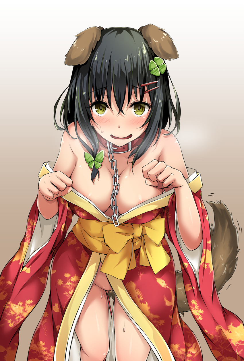 animal_ears areola_slip areolae black_hair blush breasts breath butterfly_hair_ornament chain chinese_zodiac clover clover_hair_ornament collar dog_ears dog_tail eyebrows_visible_through_hair four-leaf_clover green_eyes hair_between_eyes hair_ornament hairclip heavy_breathing highres hitoi japanese_clothes kimono large_breasts leash long_hair looking_at_viewer natsume_konoha no_panties obi off_shoulder open_clothes open_kimono open_mouth original paw_pose pussy_juice red_kimono sash short_hair smile solo sweat sweatdrop tail wide_sleeves year_of_the_dog