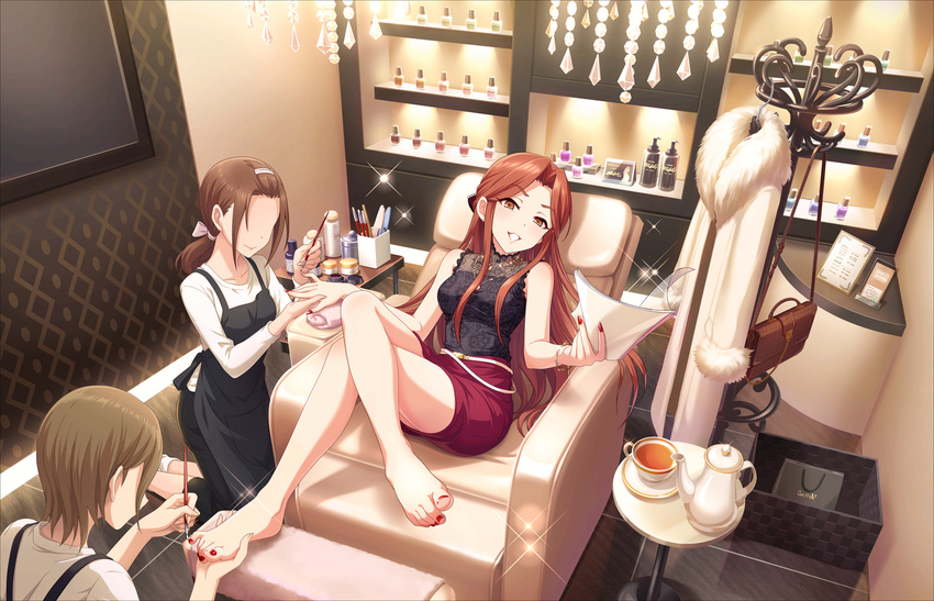 barefoot blush brown_eyes brown_hair dress feet foot_hold hands_on_feet idolmaster idolmaster_cinderella_girls idolmaster_cinderella_girls_starlight_stage long_hair official_art smile toes zaizen_tokiko