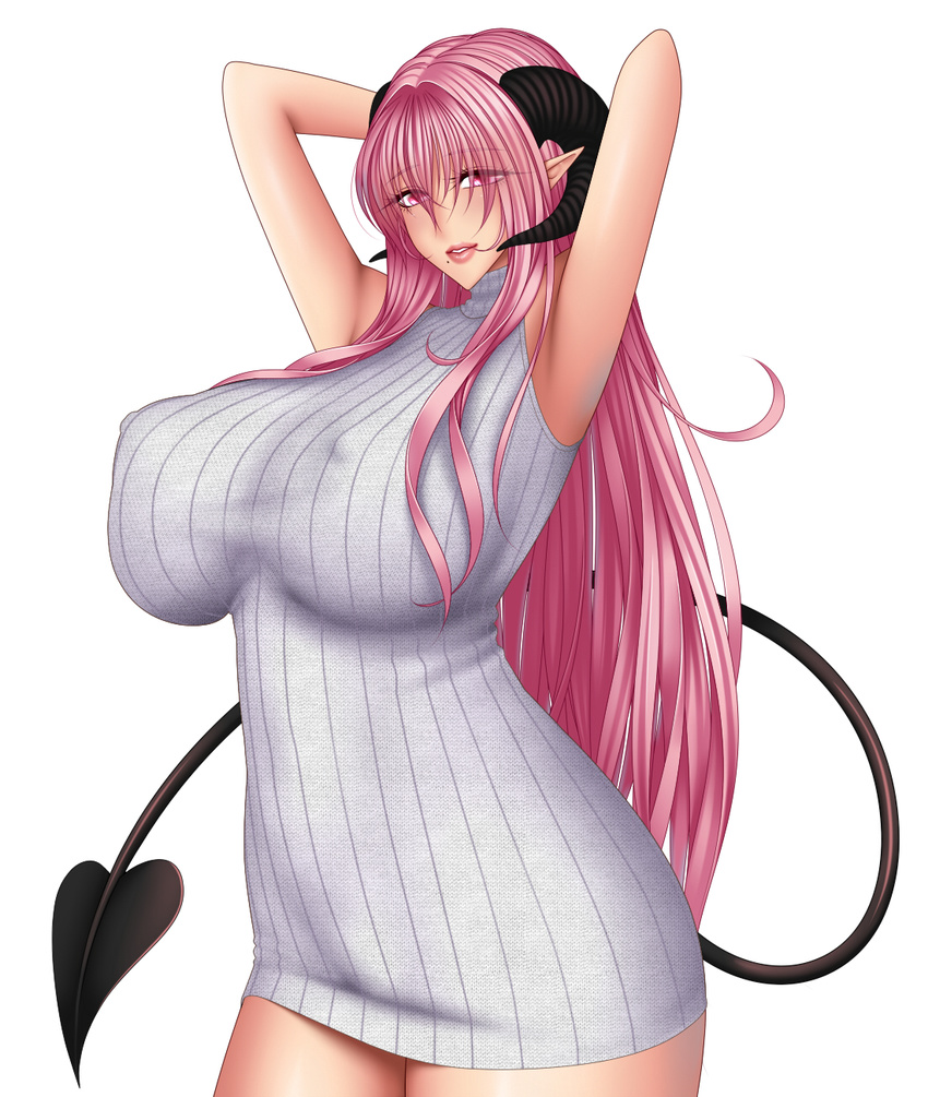 1girl armpits baru_(val-val) breasts demon_girl demon_tail erect_nipples female goat_horns hand_behind_head horns huge_breasts lips long_hair looking_at_viewer may_(baru) mole no_bra original pink_eyes pink_hair pointy_ears simple_background solo standing succubus sweater tail white_background